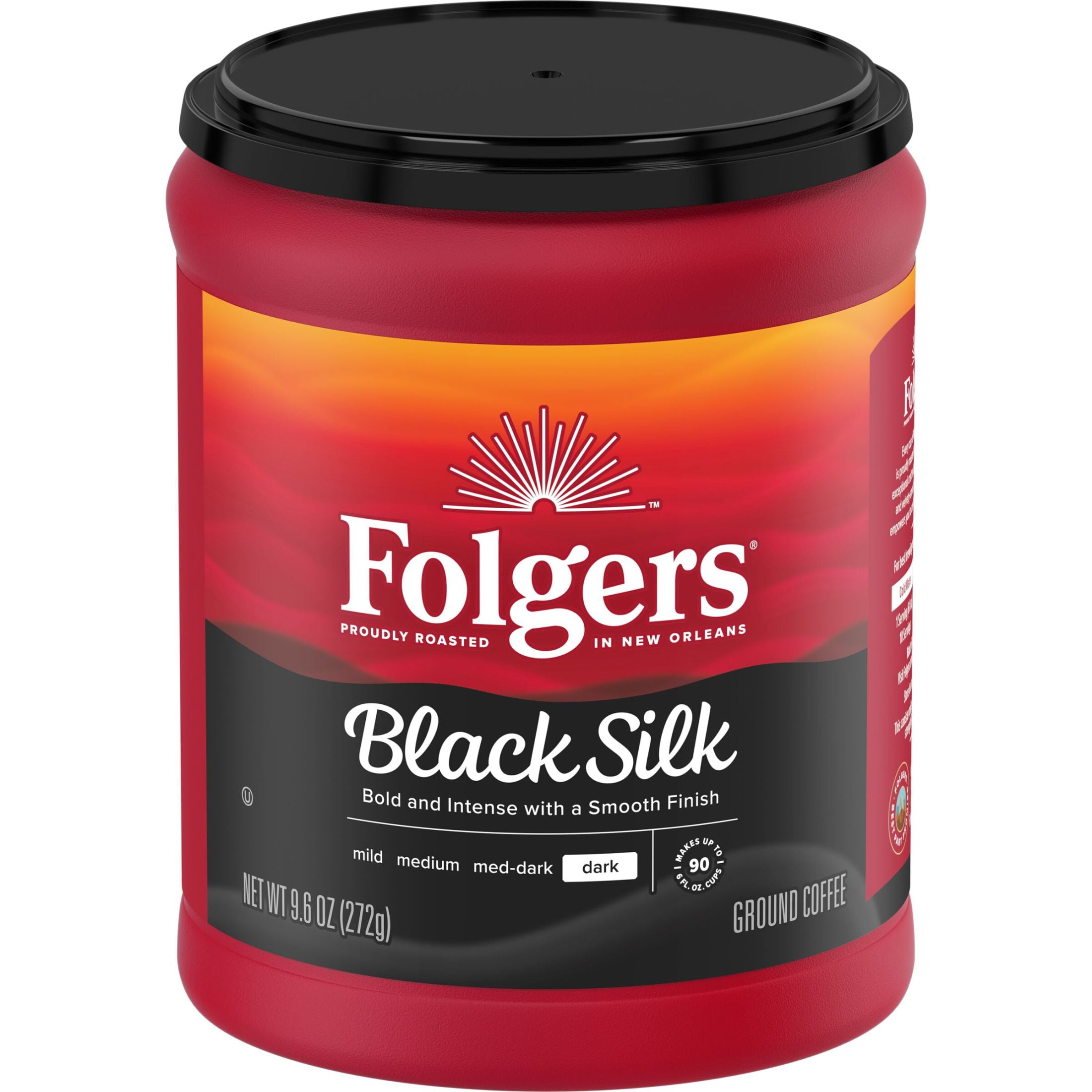 (6 pack) Folgers Black Silk Ground Coffee, Smooth Dark Roast Coffee, 9.6 oz Canister