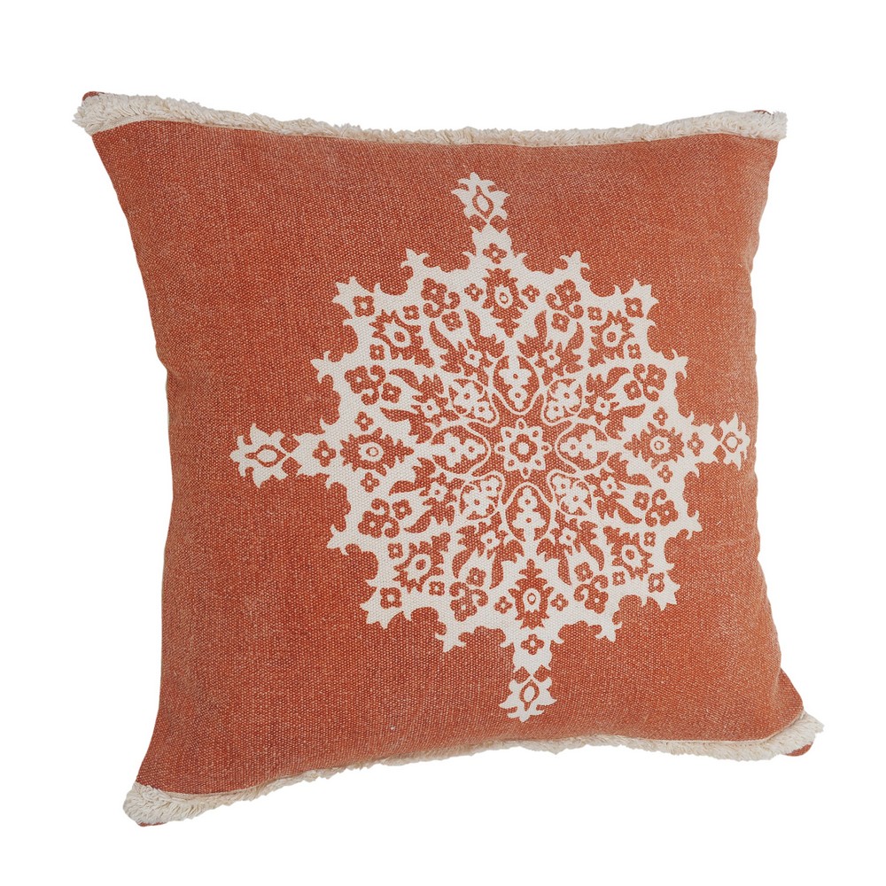 Harlow Hill Orange/White Medallion Bohemian/Eclectic Cotton Throw Pillow Cover, 20" x 20"