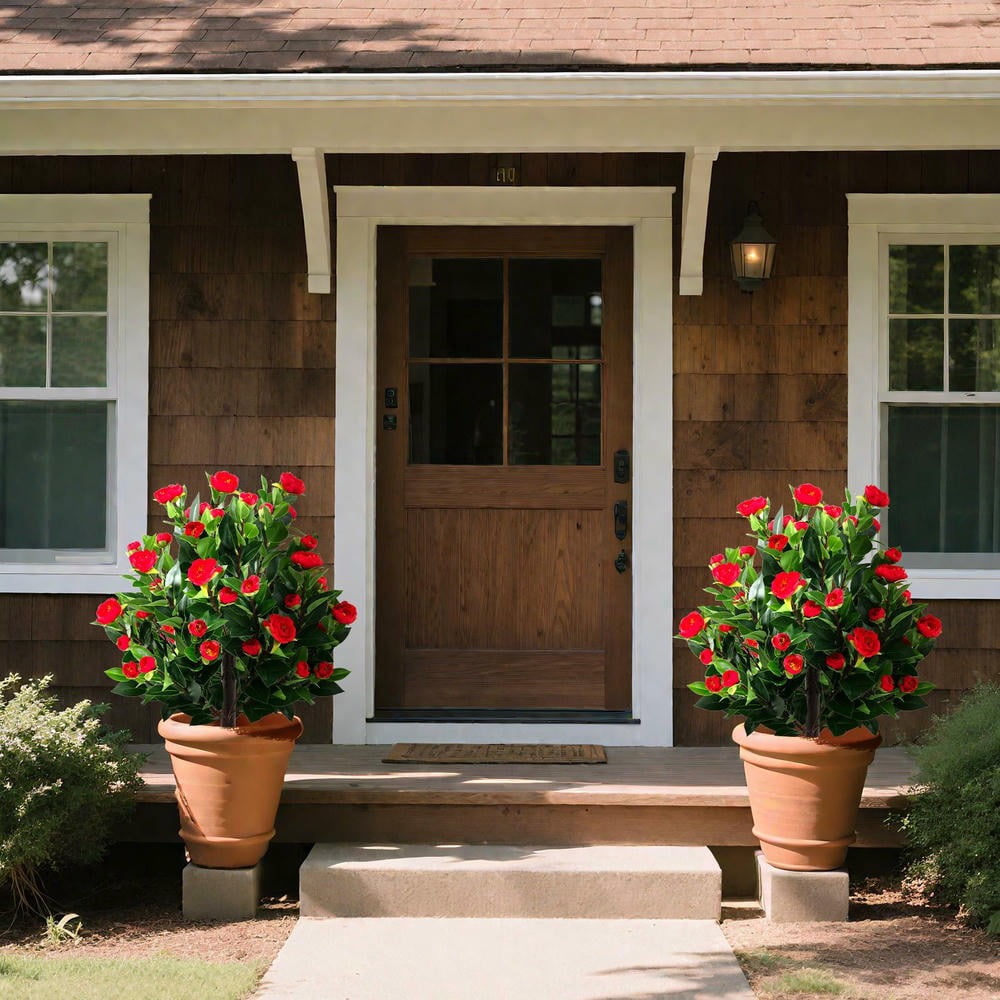 GVN 2 Pack 31 Inch Faux Camellia Plants Decorative with Fake Flower, Artificial Plant for Patio, Garden, Front Door, Balcony, Backyard, Green & Red