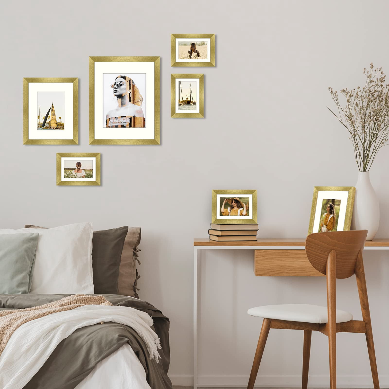 Golden State Art Gallery Wall Frames 11x14, 8x10, 5x7 Matted Photo Frames, Gold, Set of 7