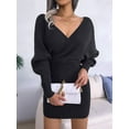 thumbnail image 6 of Women'S Cocktail Knitted Sweater Dress Long Sleeve Batwing Sleeve V-Neck Backless Mini Dress Black L, 6 of 8