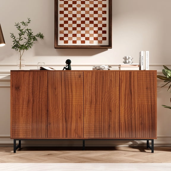 CQSXDA Walnut Sideboard Buffet Cabinet with Geometric Carved Design and Metal Legs for Stylish Storage Solutions