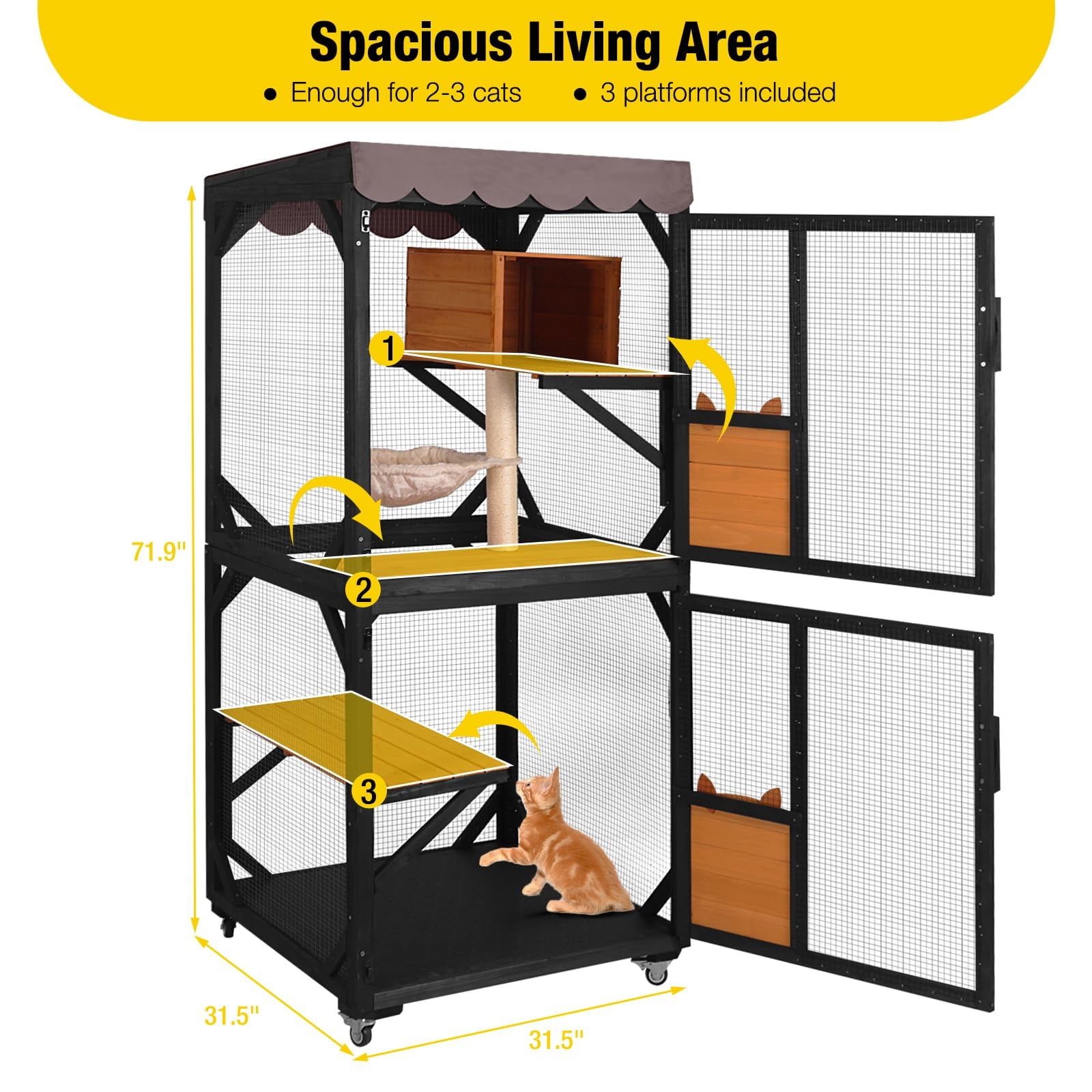 Aivituvin Catio Outdoor Cat Enclosure with Wheels, Resting Box, Cat Scratching Post, Jumping Platform, Outdoor Cat House for Cats, Brown