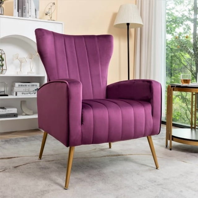 Silla de acento de terciopelo con patas de metal, sillón tapizado moderno, silla lateral de espalda para salón dormitorio pequeños espacios