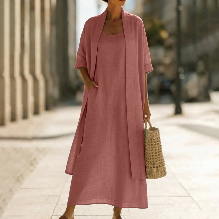 pocket dress for ladies Women Solid Color Linen Cardigan with Strappy Linen Dress Two Piece Set Dresses Red L Missoni