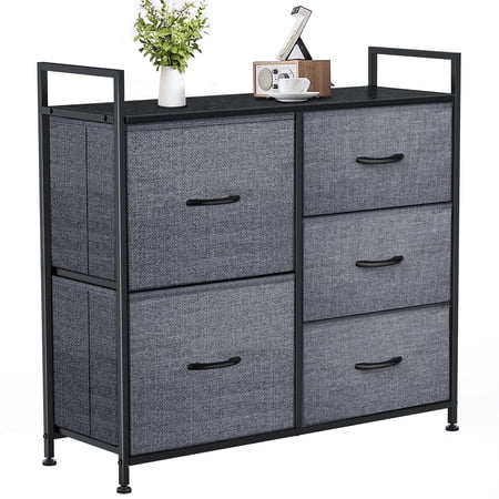 5-Drawer Plastic Storage Tower Organizer with Fabric Bins & Sturdy Metal Frame - Compact Space-Saving Design for Bedroom, Closet, Living Room