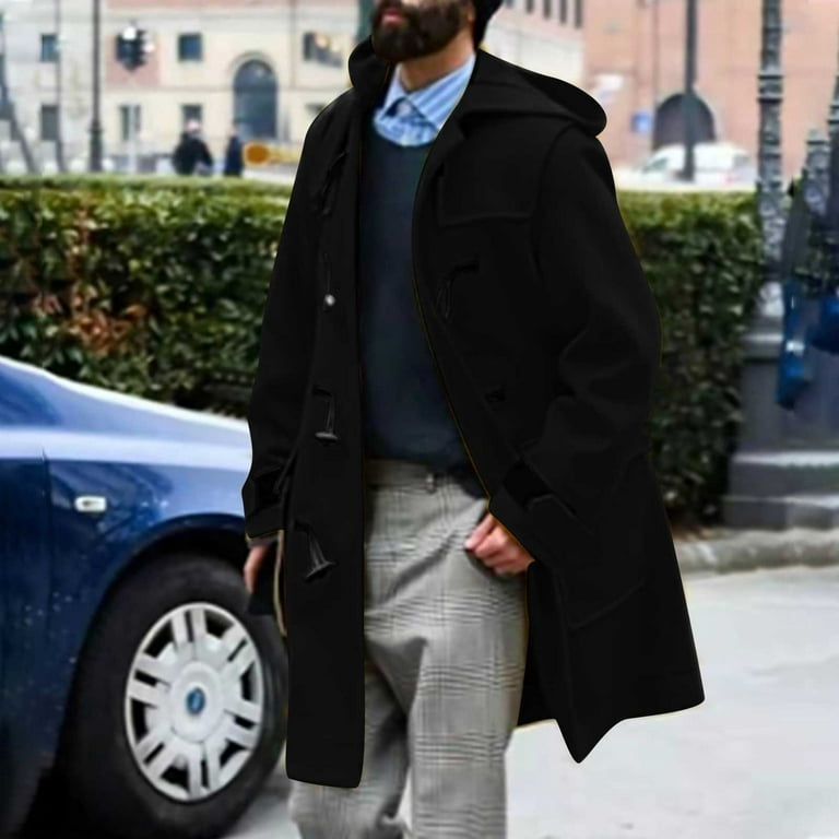 Olyvenn Deals Men Winter Casual Solid Mid-length Wool Overcoat With Horn  Buckles Windbreaker Hooded Coat Trendy Anoraks Windproof Trench Coat Gold 8  