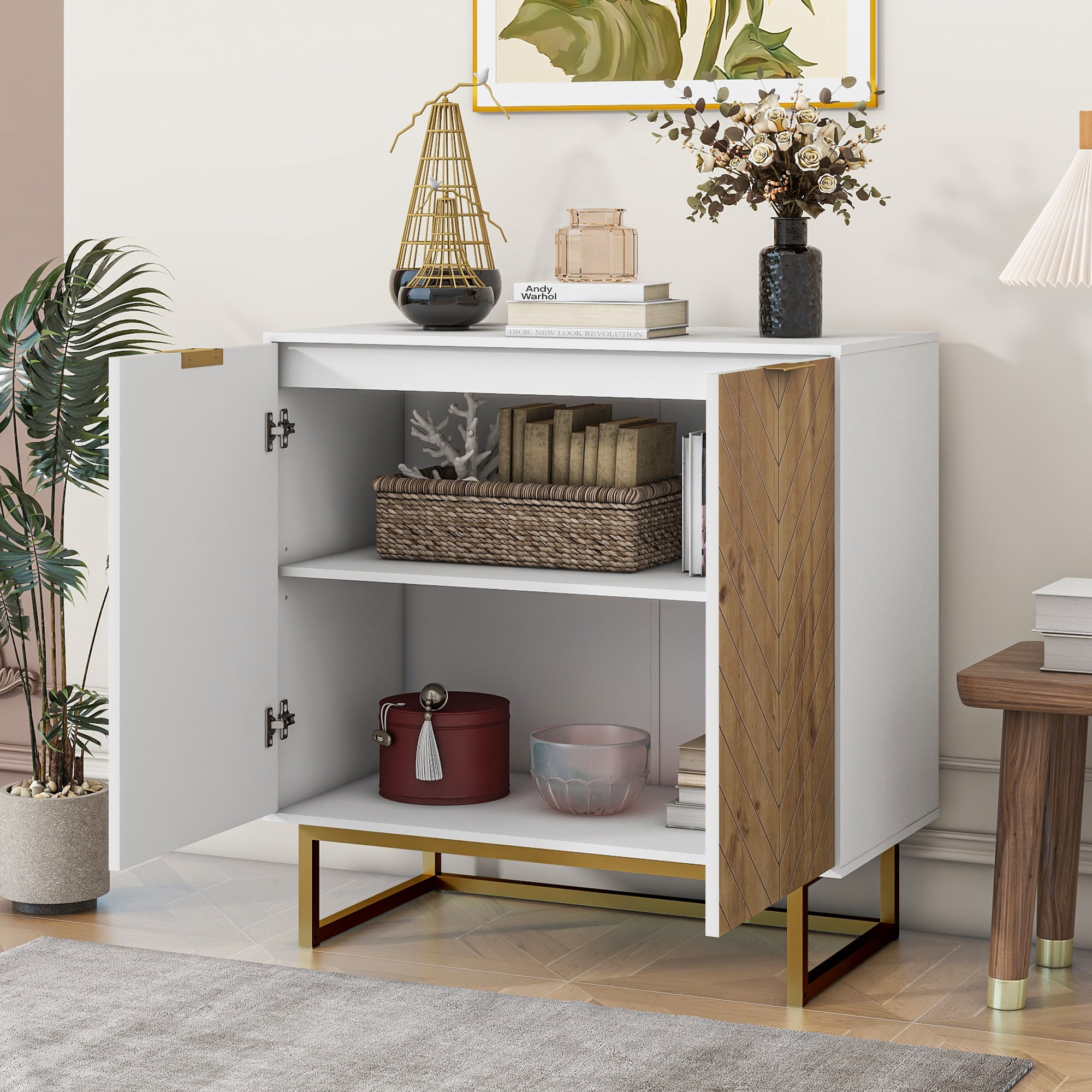 MAYEERTY White and Gold Storage Cabinet, Modern Buffet Sideboard with 2 Doors