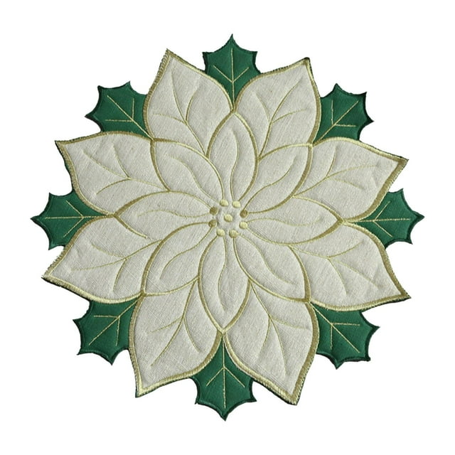 Luzkey Christmas Placemat Place Mat Linen Flower Embroidery Table Mat Dinner Mat for Xmas Party Kitchen Hotel Dining Room Decoration White 40cm