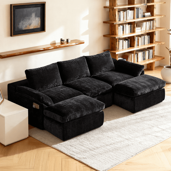 GEMBED Modular Sectional Sofa 5 Seater Cloud Couch with 2 Movable Ottoman Deep Seat Boneless Couches for Living Room, No Assembly Required, Black