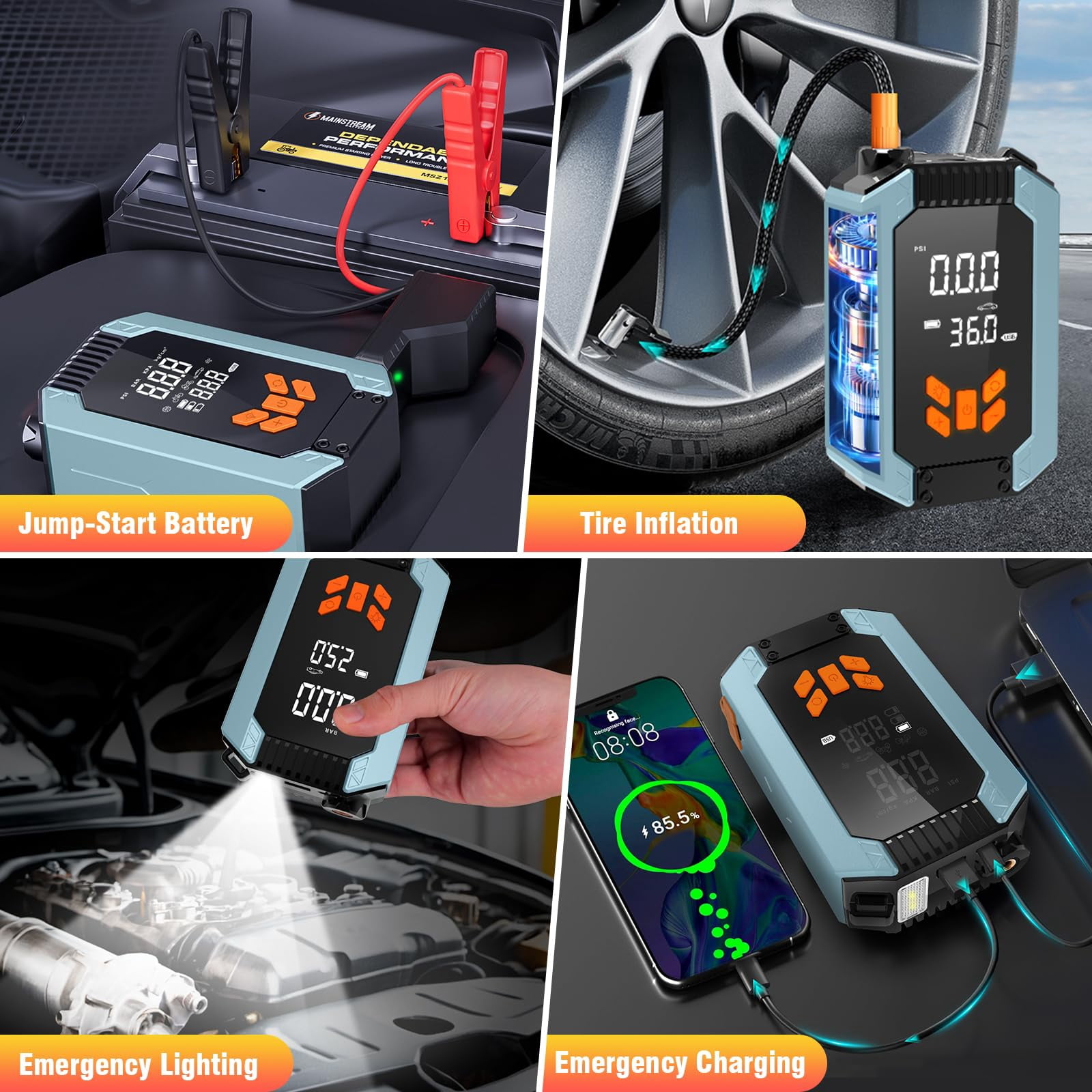 Portable Car Jump Starter 4000A Peak 12V with Air Compressor (150 PSI), Smart Jumper Cables, LED Light and LCD Display