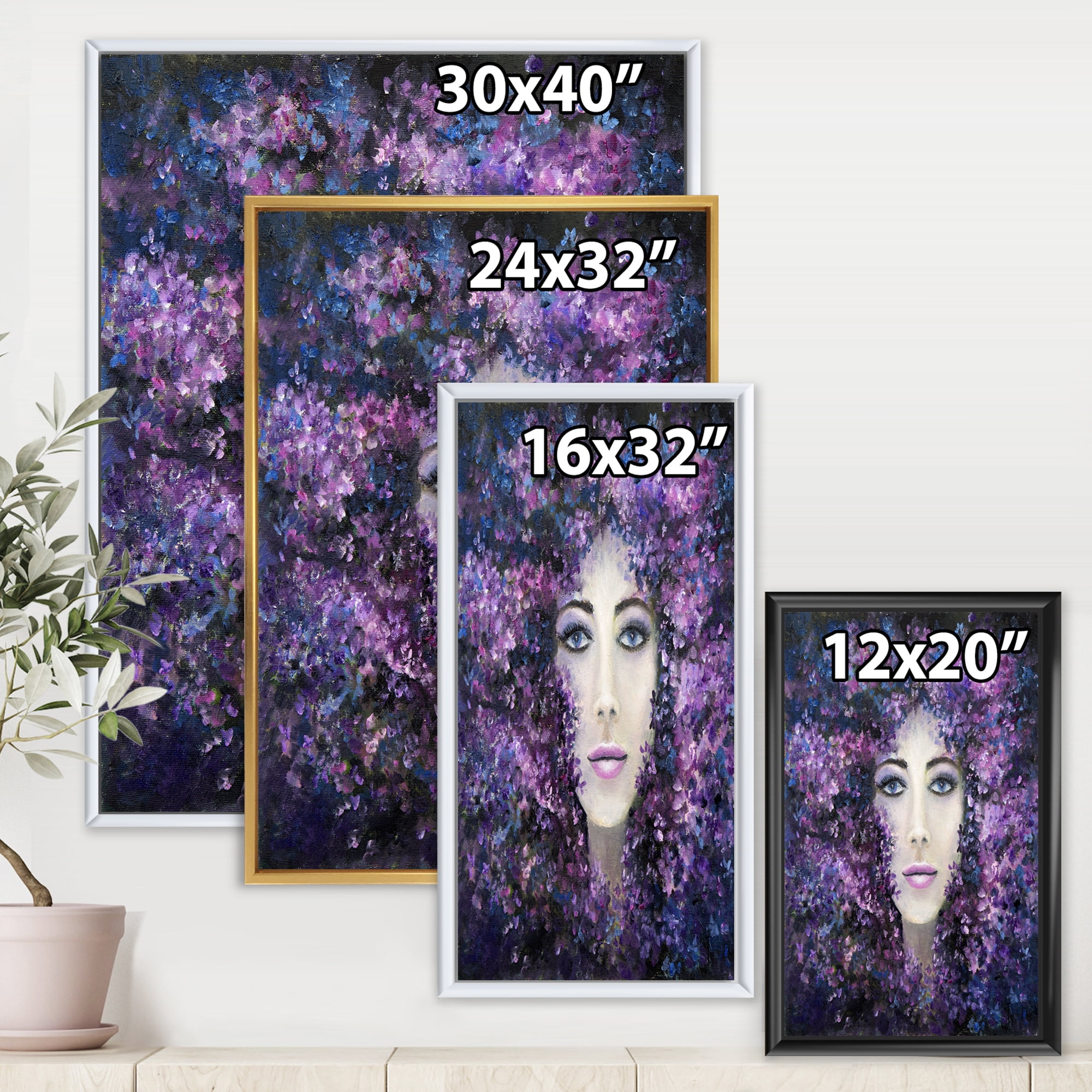Portrait of A Lady With Purple Lavender Flowers 12 in x 20 in Framed Painting Canvas Art Print, by Designart