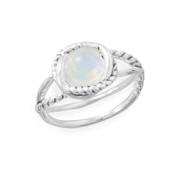 Round Rainbow Moonstone Ring with Cross Cross Band Rope Design Sterling Silver