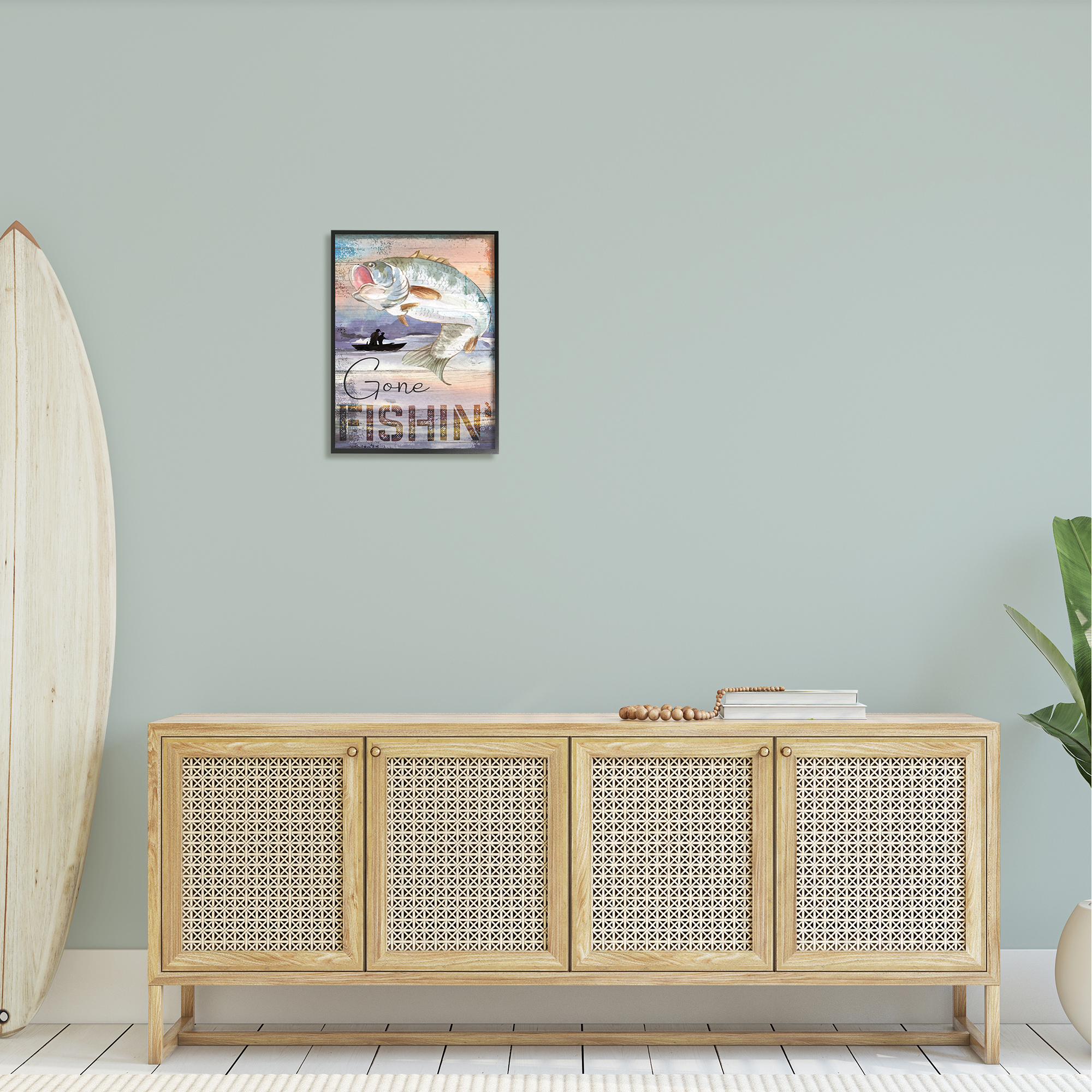 Stupell Gone Fishin' Bass Angler Marine Life Landscape Painting Black Framed Art Print Wall Art