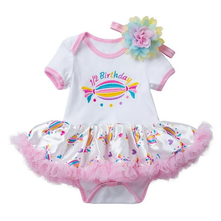 Baby Girl 1st Birthday Outfit Embroidery Romper Tutu Dress with Headband Princess Romper Bodysuit Clothes Set（12-24months）