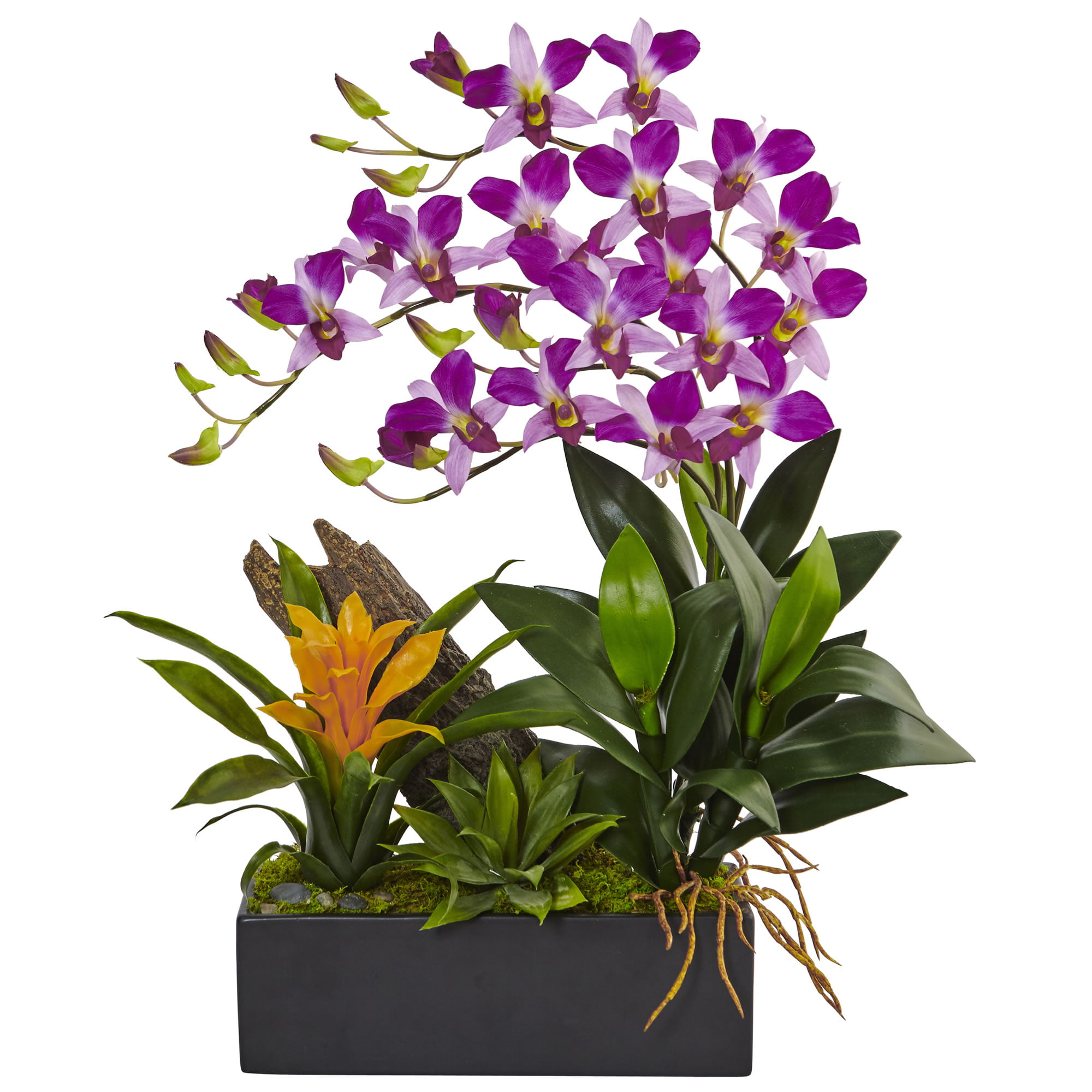 Nearly Natural Dendrobium Orchid and Bromeliad Silk Arrangement in Planter Artificial Plant Green