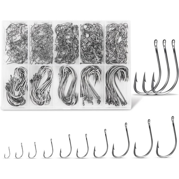 Carbon Steel Fishing Hooks 500Pcs/90Pcs, Circle Hooks Assortment for Saltwater Freshwater Ice Fishing, Salt Water Fish Hooks for Catfish Trout Bass Octopus Multi Size