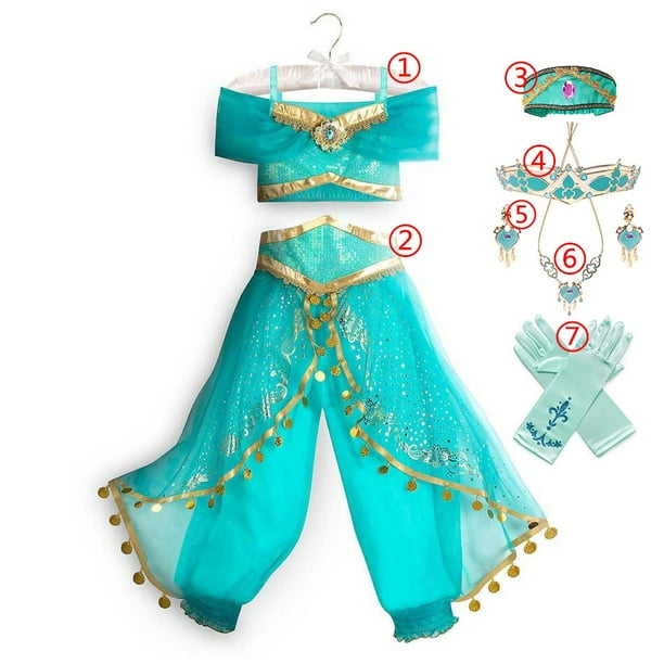 Disney Jasmine Dress Aladdin Princess Magic Lamp Girls Birthday Party Cosplay Costume Top+Pant+Headband Carnival Clothes Vestido7-8T(Size140) Gao Jinjia LED