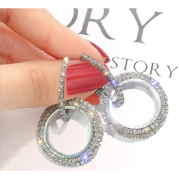 Zephyriana Fashion Rhinestone Double Circle Hoop Earrings for Women Geometric 8 Infinity Round Rings Drop Earrings Party Jewelry Charm (Silver)