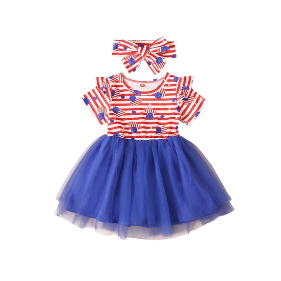 Kiapeise 4th of July Toddler Kids Girls Princess Mesh Dress Stars Stripe Print Ruffle Short Sleeve Casual Dress and Headband