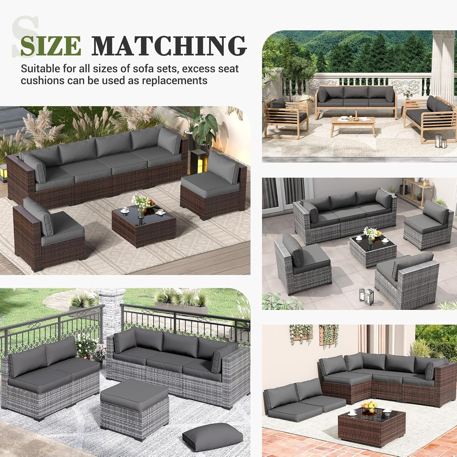 Poteban Outdoor Cushions for Patio Furniture Replacement, Waterproof Patio Furniture Cushions, Deep Seat Patio Cushions, Patio Seat Cushions for Outdoor Sectional (Grey)