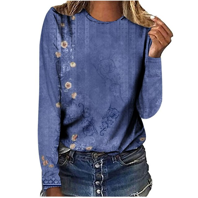 T-shirts à Manches Longues pour Femmes, Col Ras du Cou, Tuniques à Imprimé Floral, Hauts Doux Décontractés, Blouse Coupe Ample
