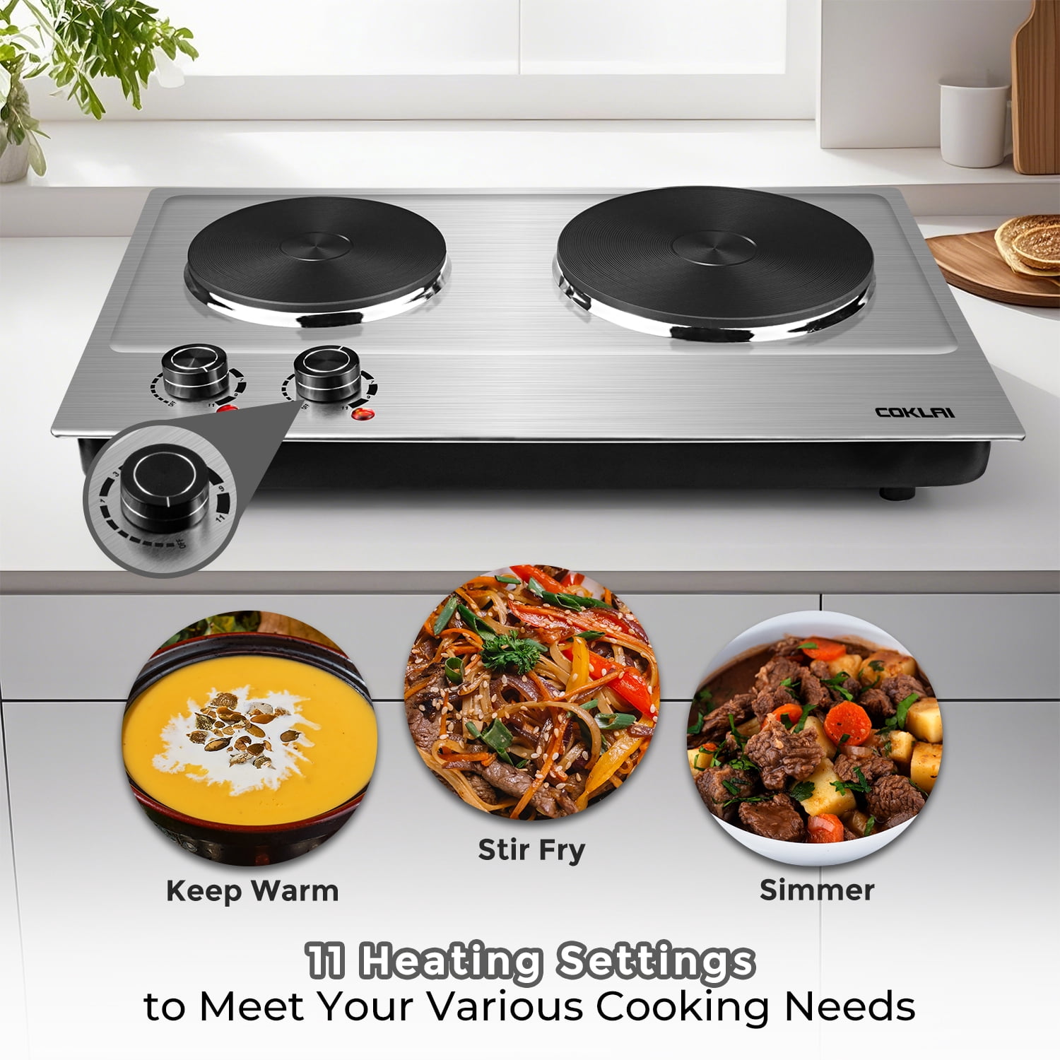 Coklai 1800W Portable Double Burner Hot Plate, Stainless Steel Countertop Electric Cooktop with Dual Cast Iron Heating Plates, Easy to Clean, 24-month warranty