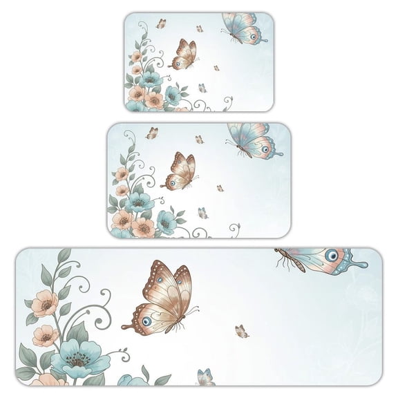 RKSupls Kitchen Rug Set 3 Piece Anti-Slip Flannel Floor Mats, Flower-Butterfly Washable Absorbent Runner Mats for Kitchen Bathroom Home Decor