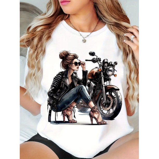 Vintage Motorcycle Graphic T-Shirt for Women - Elegant Summer Tee with Stylish Woman & Motorcycle Design, Polyester, Round Neck, Perfect for Vacation, Cosplay, and Casual Outfits