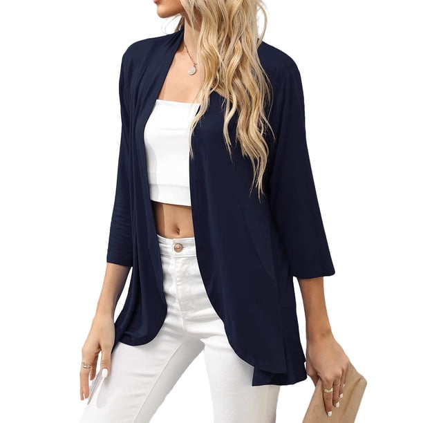 UKAP Cárdigan tipo Kimono para mujer, blusa con parte delantera abierta, blusa de manga 3/4, suéteres de verano con dobladillo alto y bajo para mujer