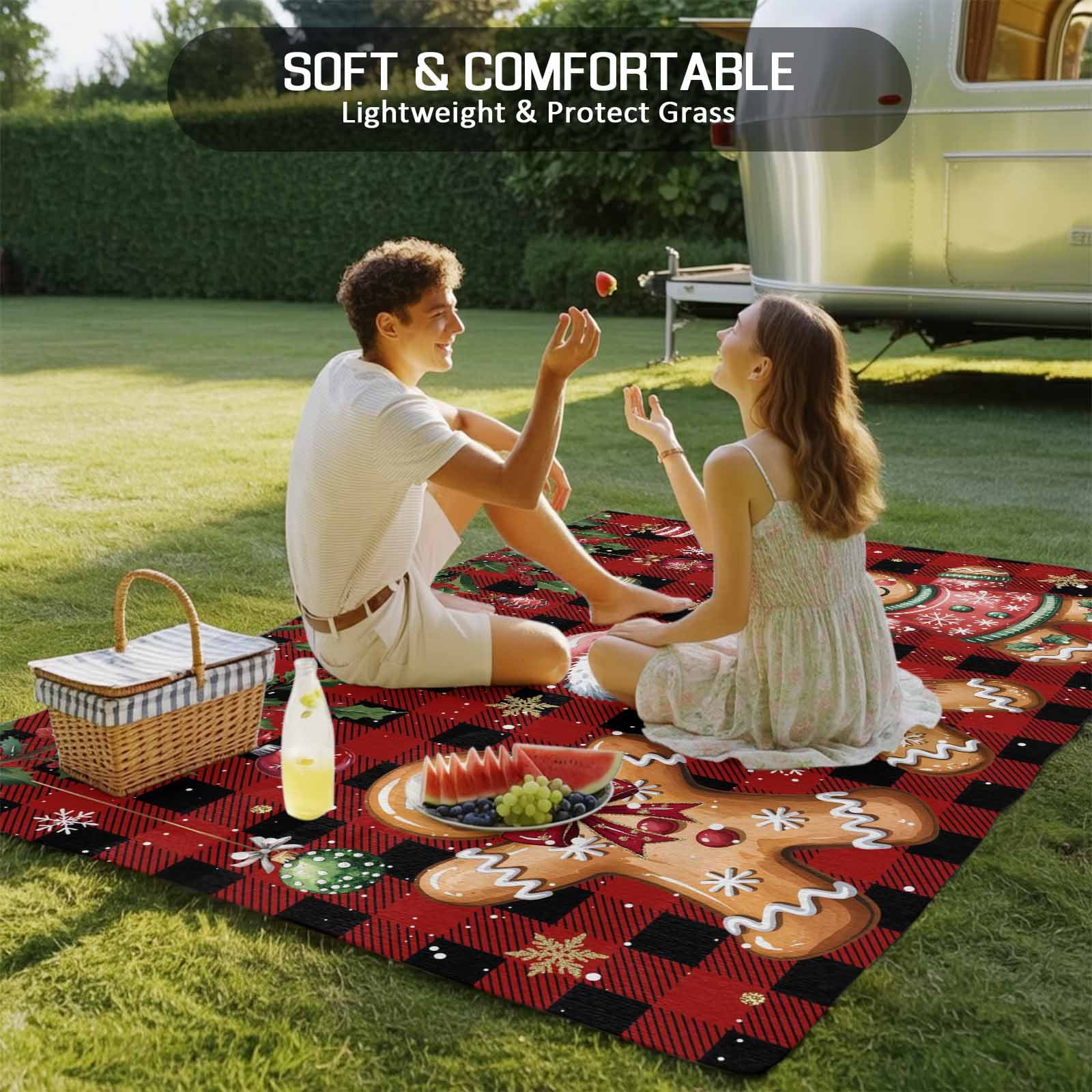 Fsddascl Red Plaid Christmas Gingerbread Outdoor Rug for Patio/Deck/Porch, Non-Slip Large Area Rug 5 x 8 Ft, Xmas Balls Snowflake Indoor Outdoor Rugs Washable Area Rugs, Camping Rug Carpet Runner