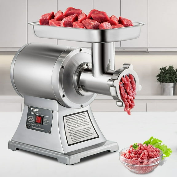 Industrial Stainless Steel Meat Grinder, 550LB/h 1100W Commercial Electric Mincer with 2 Blades, Grinding Plates & Stuffing Tubes, 220 RPM