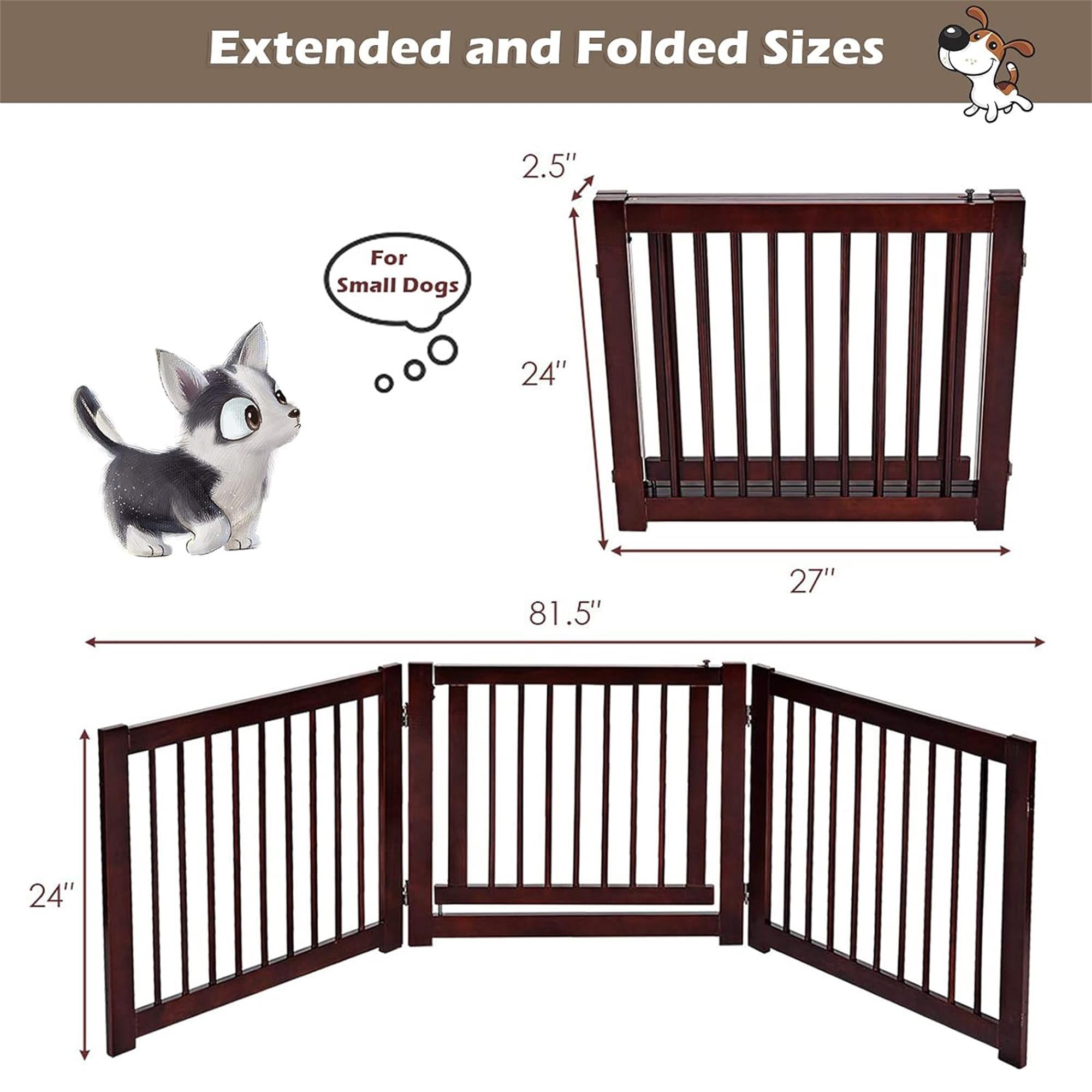 Pefilos 81" 3 Panel Freestanding Pet Gate Wooden Folding Fence for Doorways, Stairs Step Over Divider for Dogs and Puppies, Brown