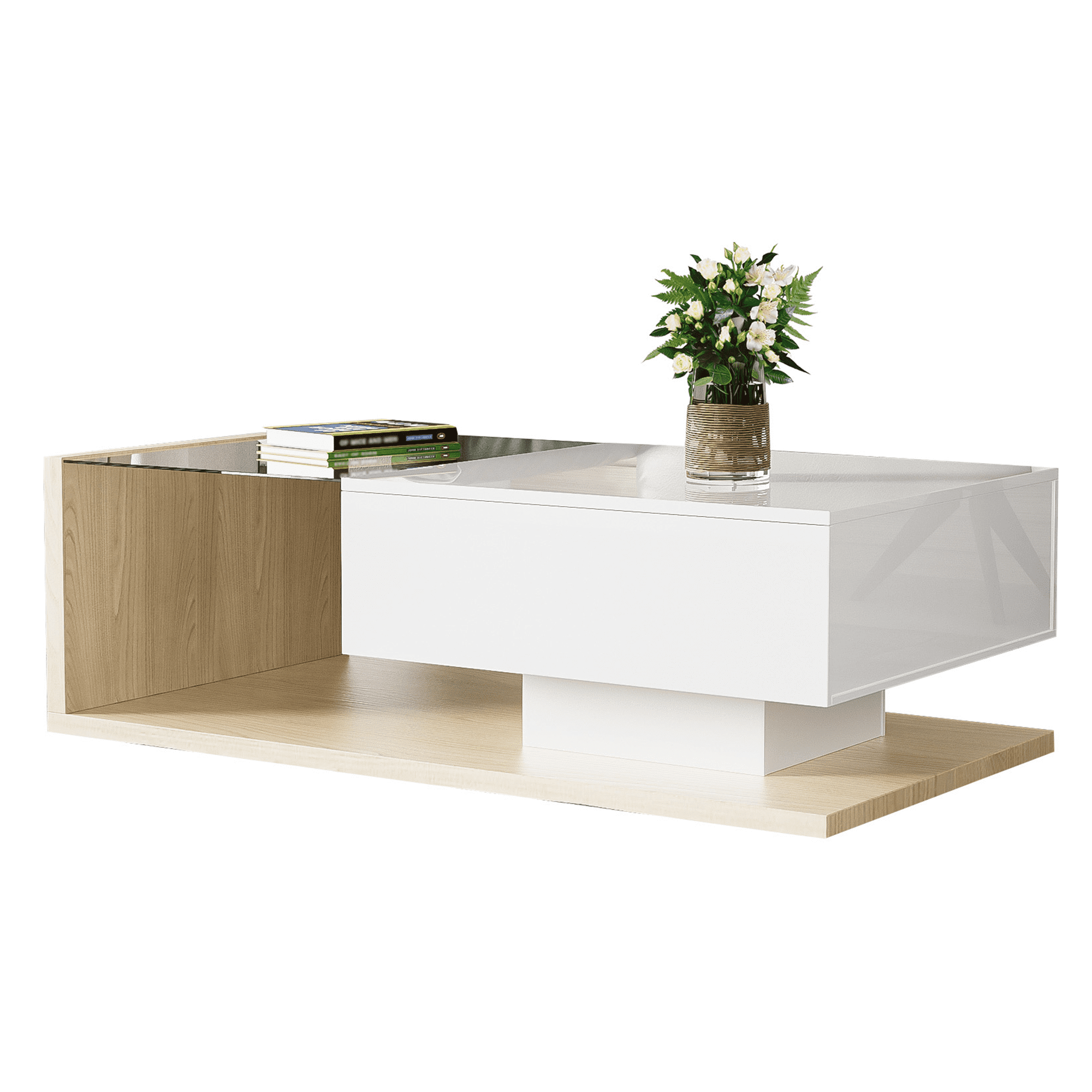 Noble House LED Effect Coffee Table High-Gloss,Side Tables, White Natural