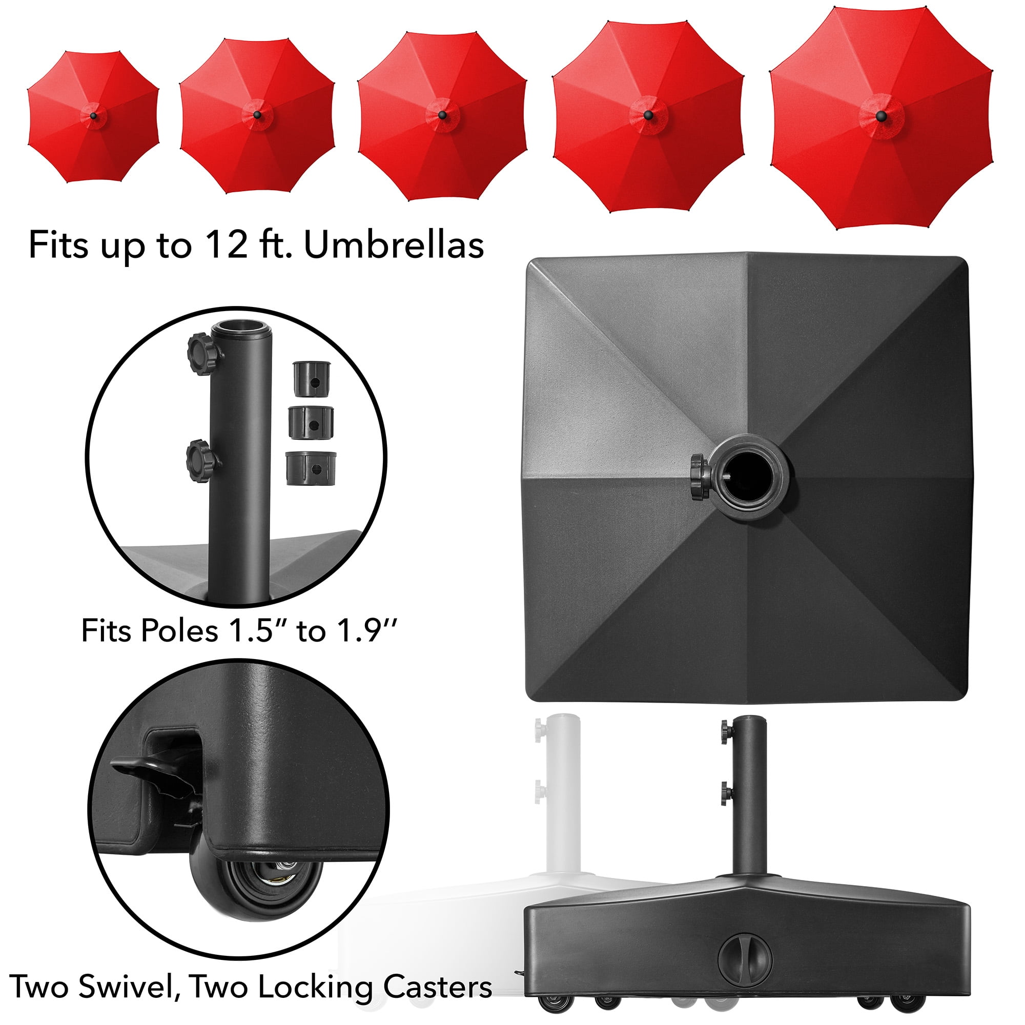 180lb Capacity Fillable Mobile Umbrella Base Stand with 4 Wheels - Black