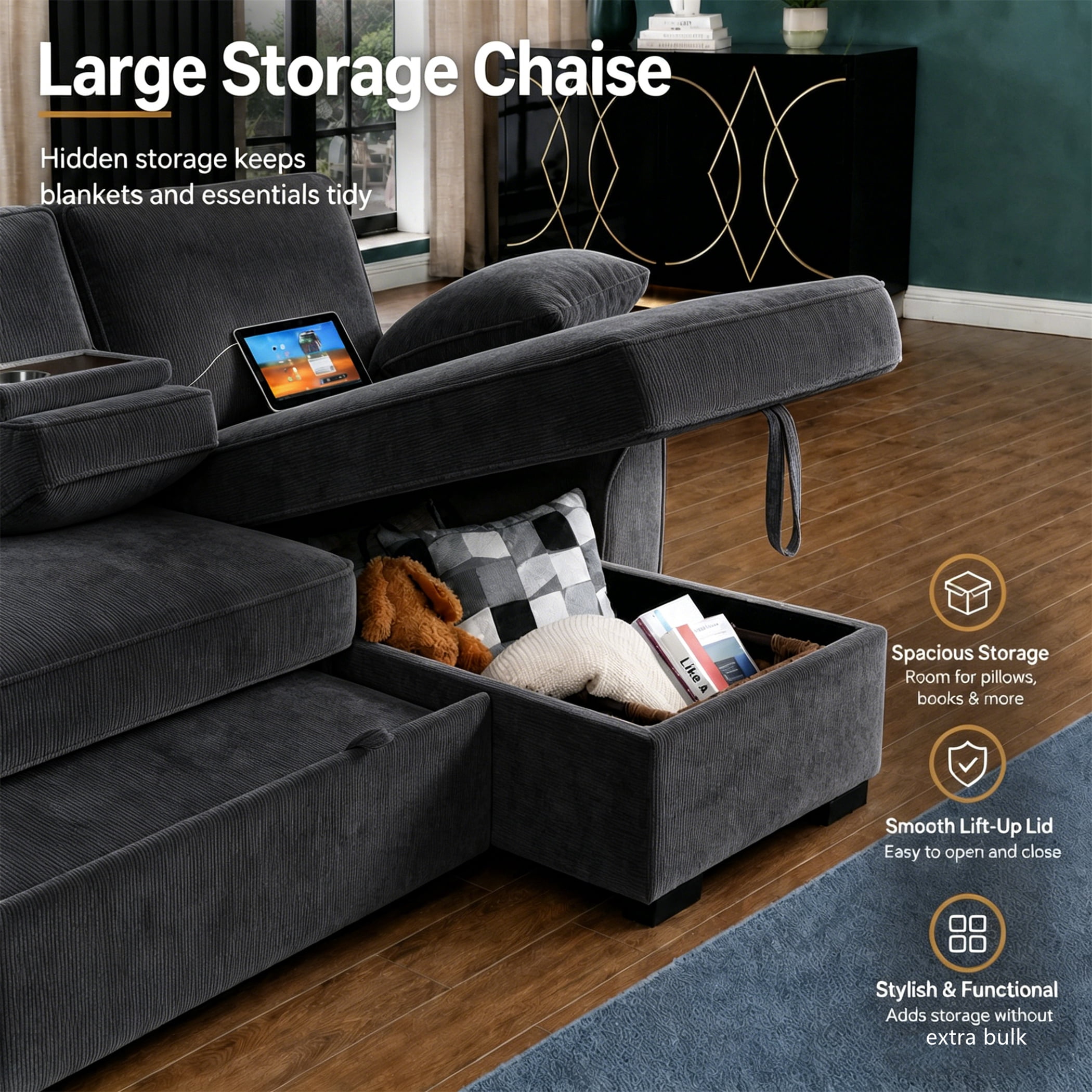 Aukfa 86" L-Shaped Convertible Sectional Sleeper Sofa Bed with USB & Cup Holders Console, Storage Chaise for Living Room, Chenille, Black Gray