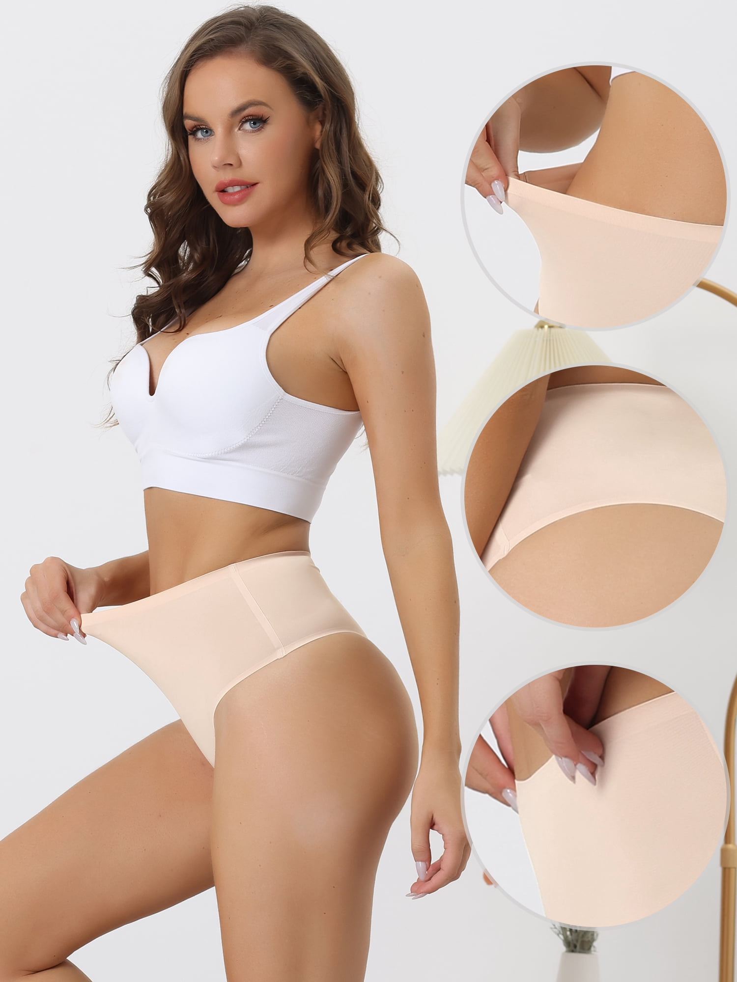 DARING DIVA Women's High Waist Tummy Control Stretch Thongs Underwear S Beige