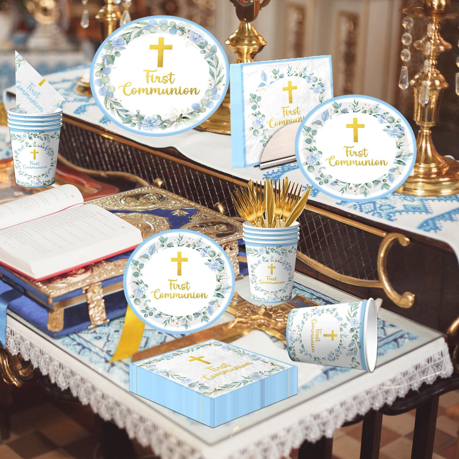 Communion Decorations – Includes 9" & 7" Plates, Napkins, Cups, Cutlery, Serves 25, for First Holy Communion, Baptism, Primera Comunion Party, Available in Pink, Blue, or Green
