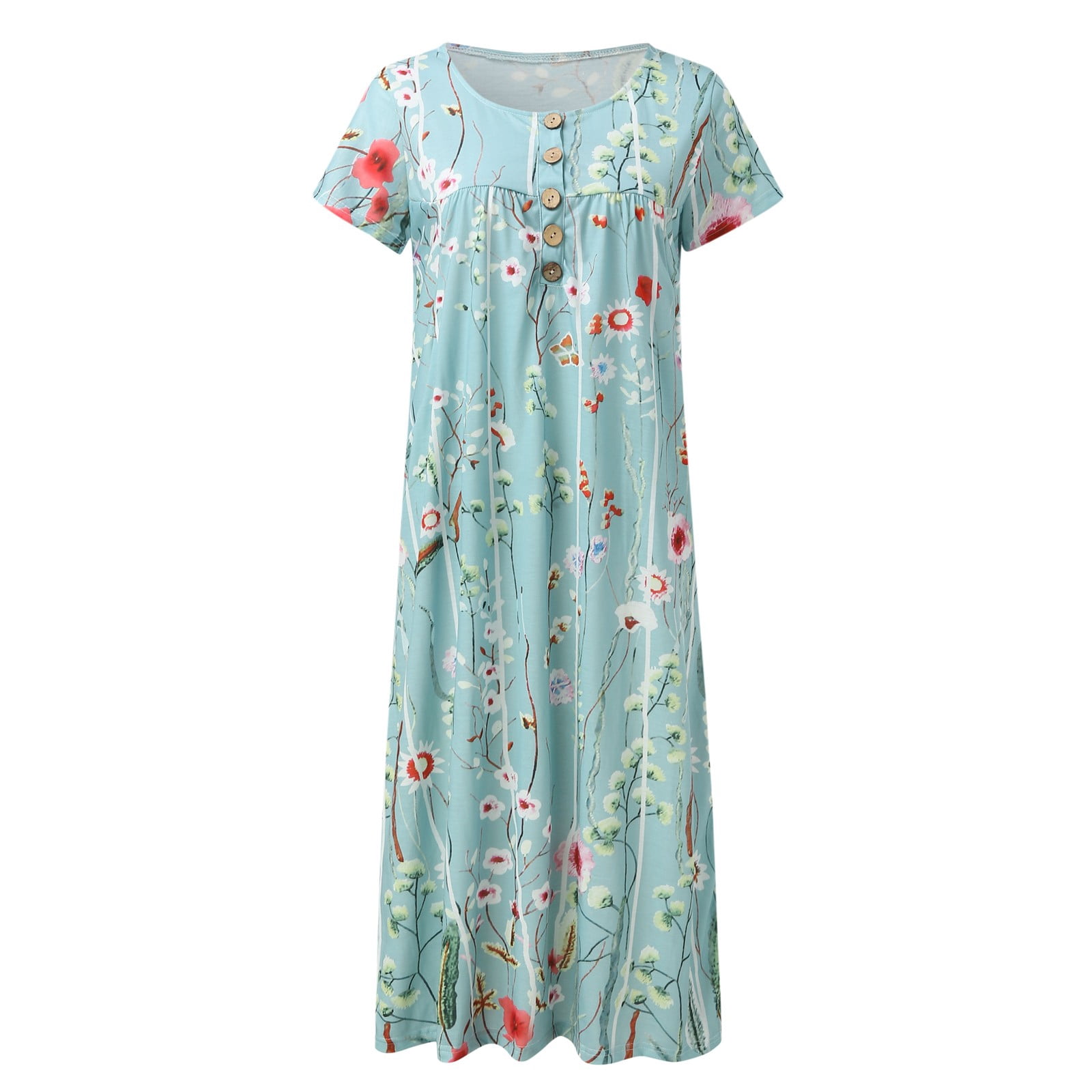 Jamsmile Womens Dress Summer Short Sleeve Long Casual Flowers Print Button Round Neck Dresses Loose Beach Boho Holiday Sundress