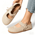 thumbnail image 3 of Women's Pearl Bow Mary Jane Flats, Faux Suede Slip-On Casual Ballet Shoes, 3 of 6