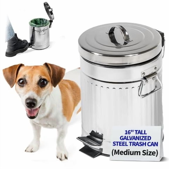 Pet Fit For Life - Steel Trash Can with Lid, Steel Galvanized Trash Can, Step Foot Pedal, Plastic Inner Lining, Custom Liner Bags, Weather-Resistant Outdoor Bin for Yard, 16" Tall, 5L/1.3 Gallons