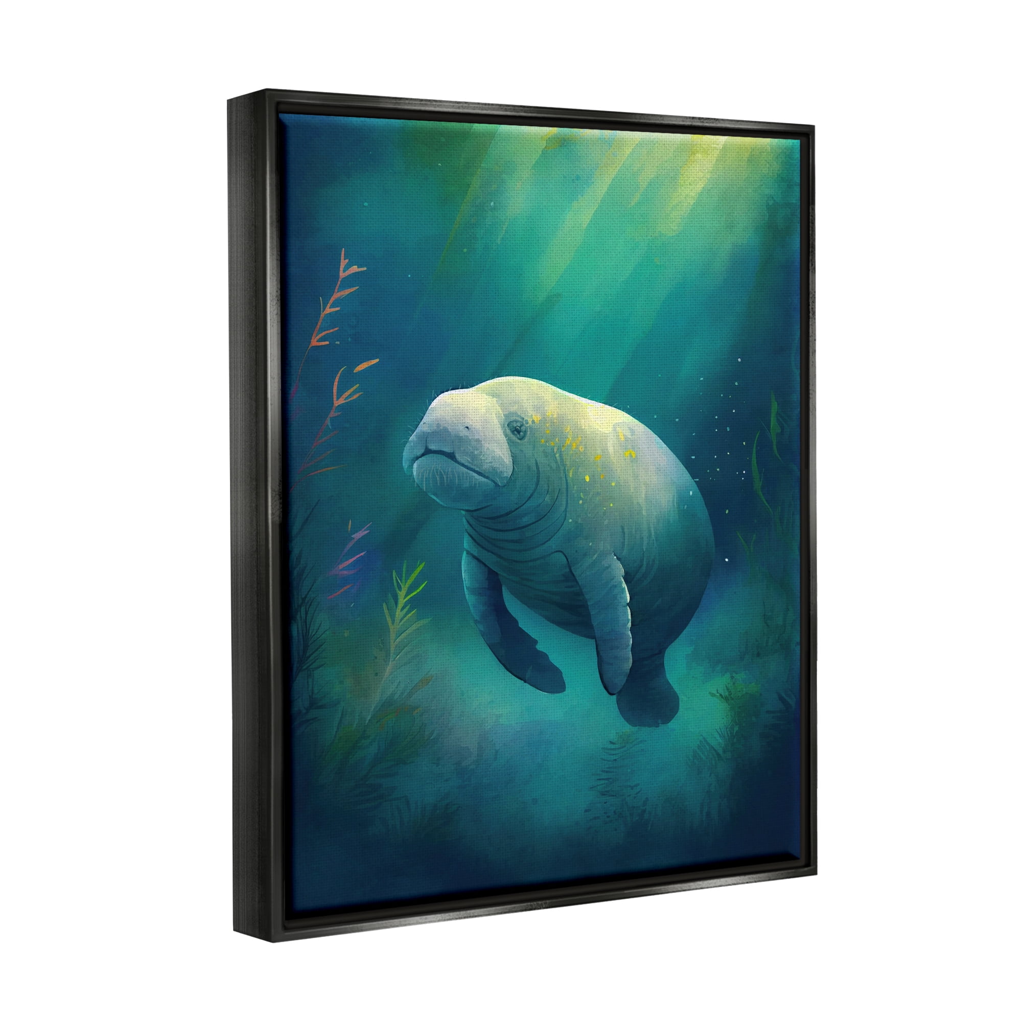 Stupell Industries Manatee Underwater View Animals & Insects Painting Black Floater Framed Canvas Art Print Wall Art, 25 x 31