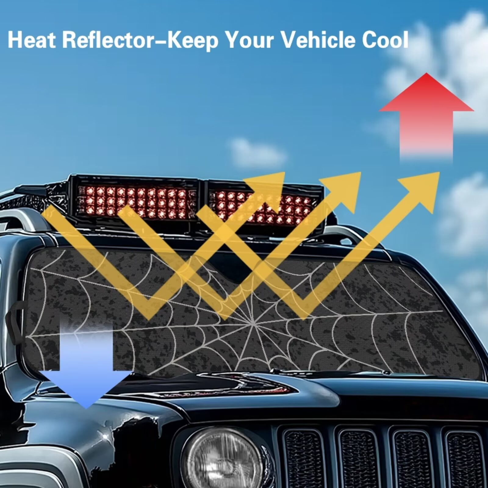 Uorisanigo Windshield Sun Shade UV Rays & Heat Protection Accessories for Jeep Wrangler, Foldable Spider Web Print Windshield Shade for Jeep Wrangler TJ JK JKU 1996-2018
