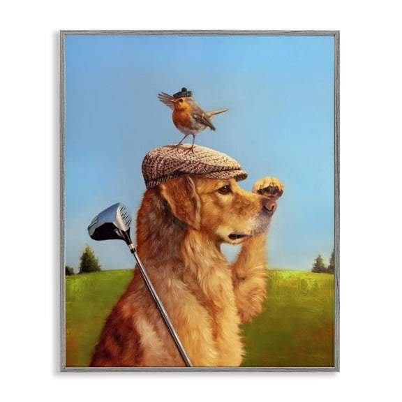 Stupell Industries Contemporary Bird & Dog Golfing Gray Framed Giclee Art, 11 x 14, by Lucia Heffernan