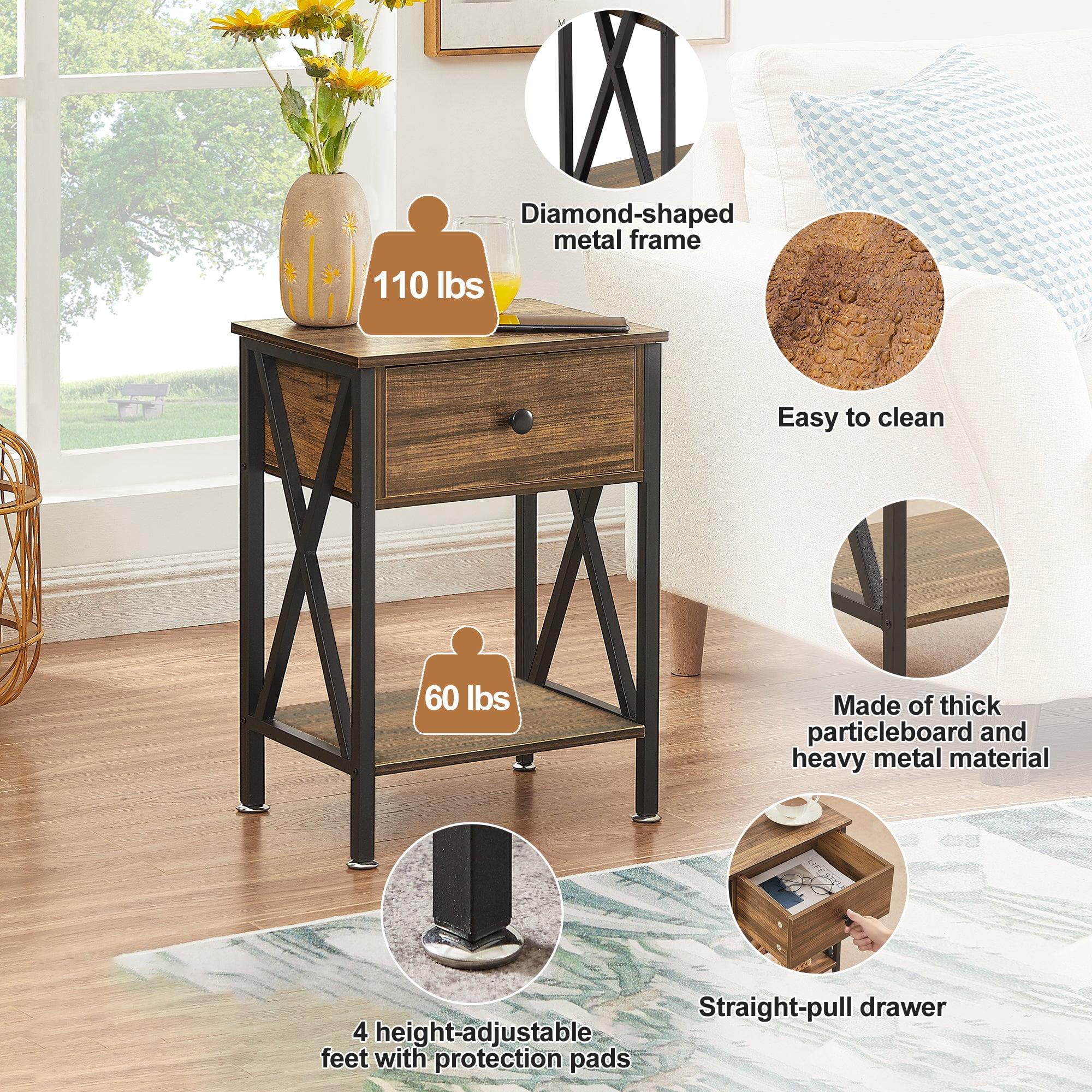 VECELO Nightstands Set of 2, Industrial End Table with 1-Drawer & Storage Shelf, Small Bedside Table Organizer for Small Space, Side Table for Bedroom Living Room, Dark Brown
