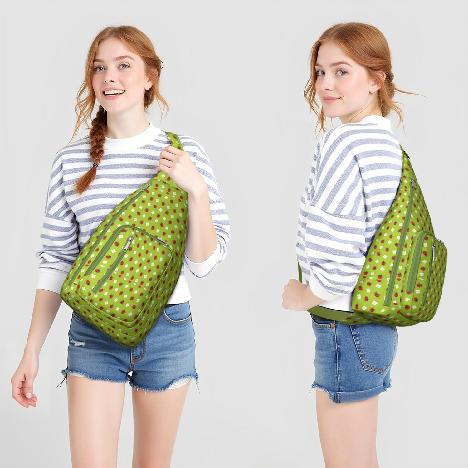 Cute Ladybug Print Sling Bag - Polka Dot Ladybird Crossbody Backpack for Women & Men, Water-Resistant Shoulder Daypack (Cartoon Nature Insect Design, Garden Themed Casual Bag)