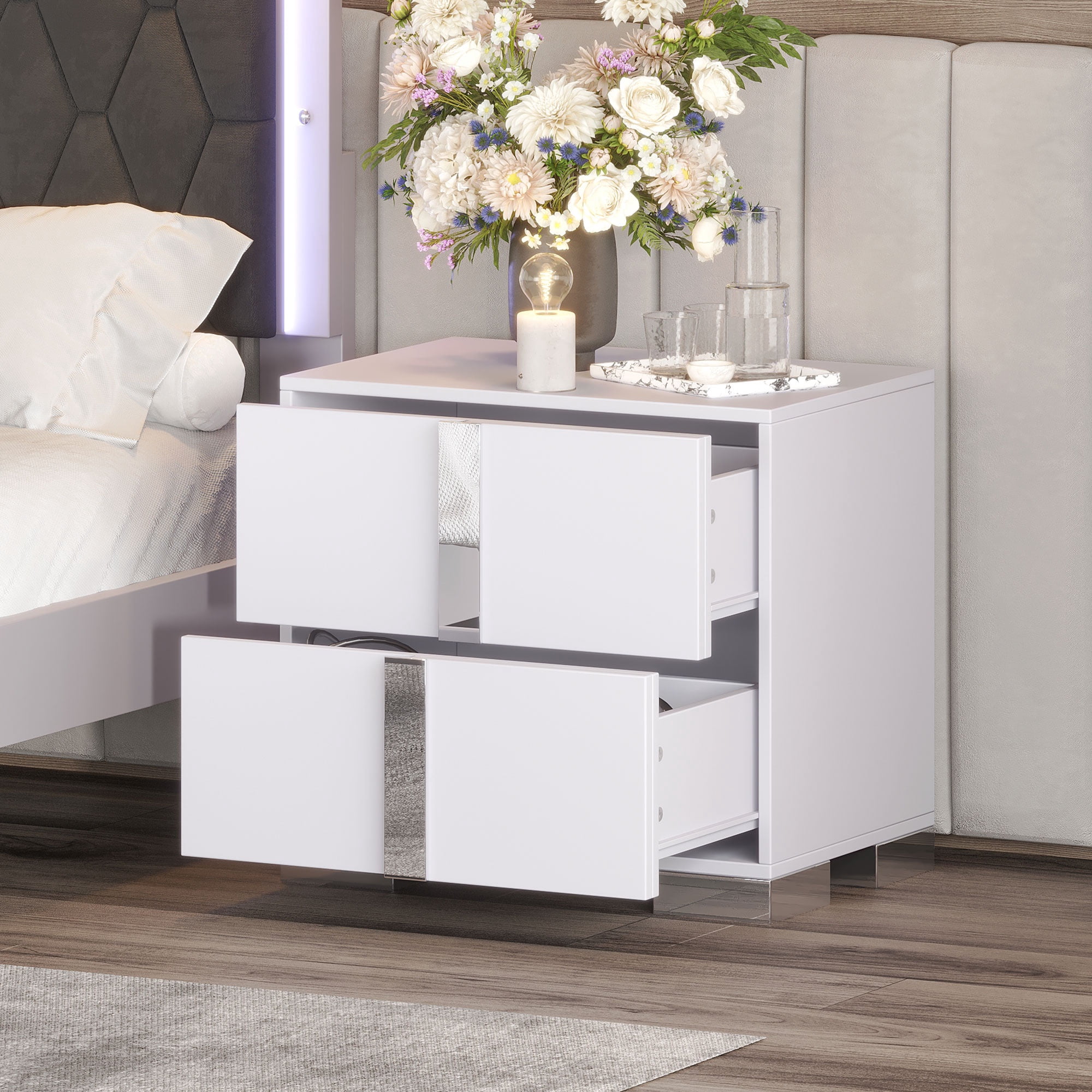 PORKISS Nightstand, Wood Side Table with 2 Drawers, Modern Mirrored Beside Table with Metal Handle for Bedroom, Living Room, White