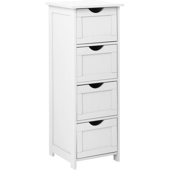 Skinny Bathroom Floor Storage Cabinet,White 12 Inch Wide Deep Small Storage Organizer with 4 Drawers, Wooden Modern Thin Free Standing Tower Cabinet w/ 4 Cute Drawers for Bathroom, Living Room