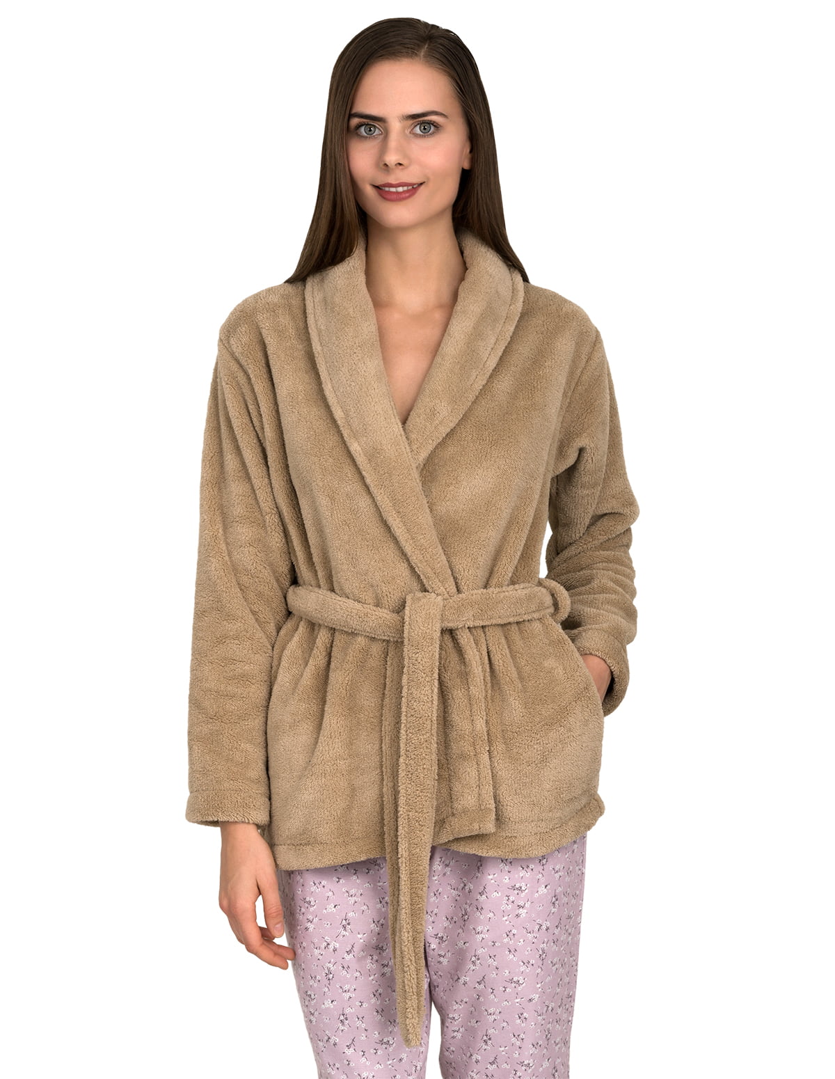 Ekouaer Womens Bed Jacket Fleece Lightwight Shawl Collar Coat Button Sleep Robe with Pockets