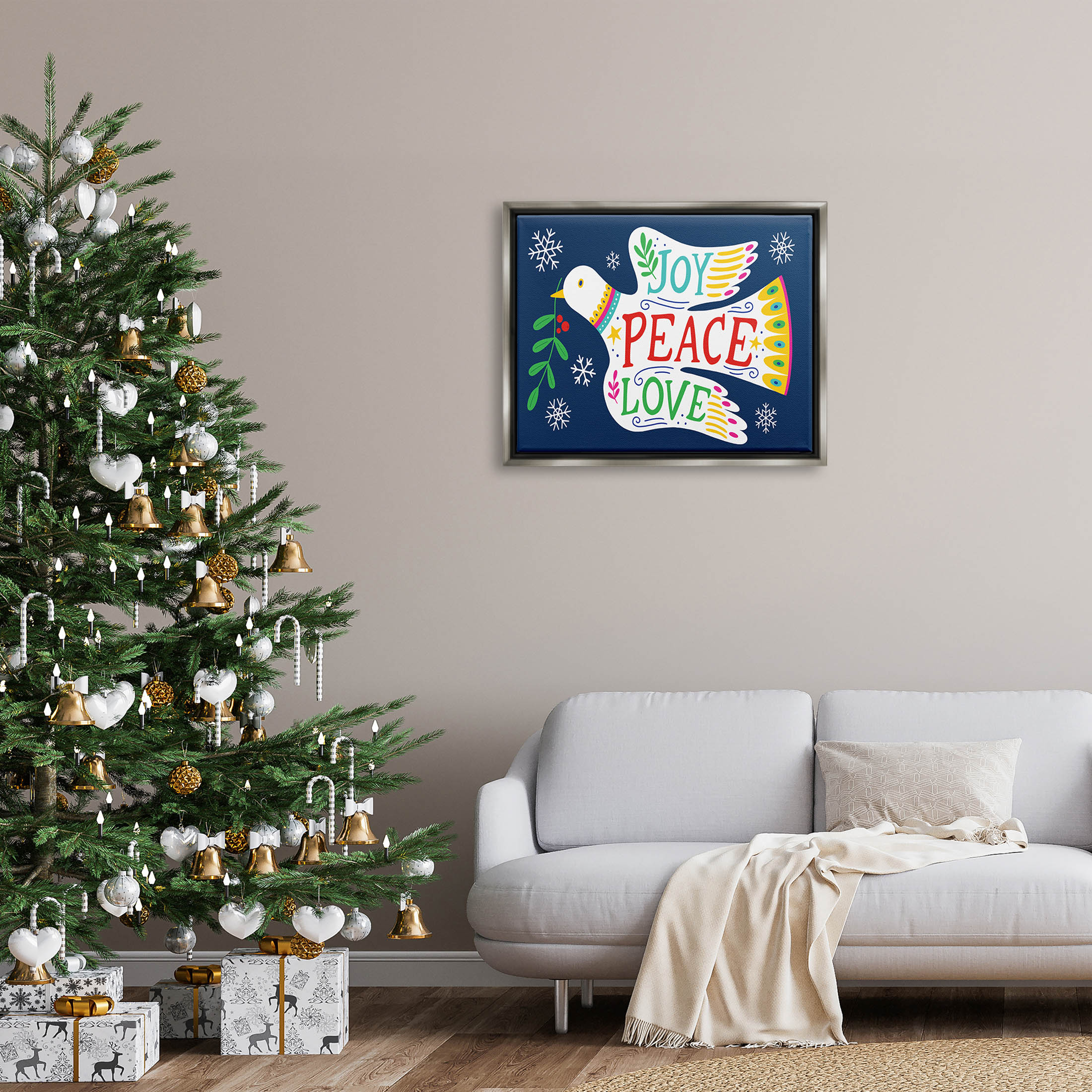 Joy Peace Love Dove Holly Sprig Holiday Graphic Art Luster Gray Framed Art Print Wall Art